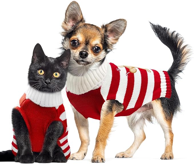 Dog Christmas Sweater Xmas Pet Clothes Cute Striped Gingerbread Man Costume Holiday Puppy Cat Jumpers Outfits New Year Gifts for Small Medium Large Dogs(Red Gingerbread Man,XXS)