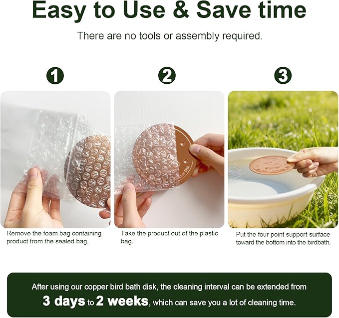 Upgraded Bird Bath Copper Disk, 0.8mm Reinforced 99.99% Pure Copper Cleaning Disk, 4-Point Support&Concave Base for Physical Safe Clean Water, Outdoor All-Season Fit Birdbaths&Bowls
