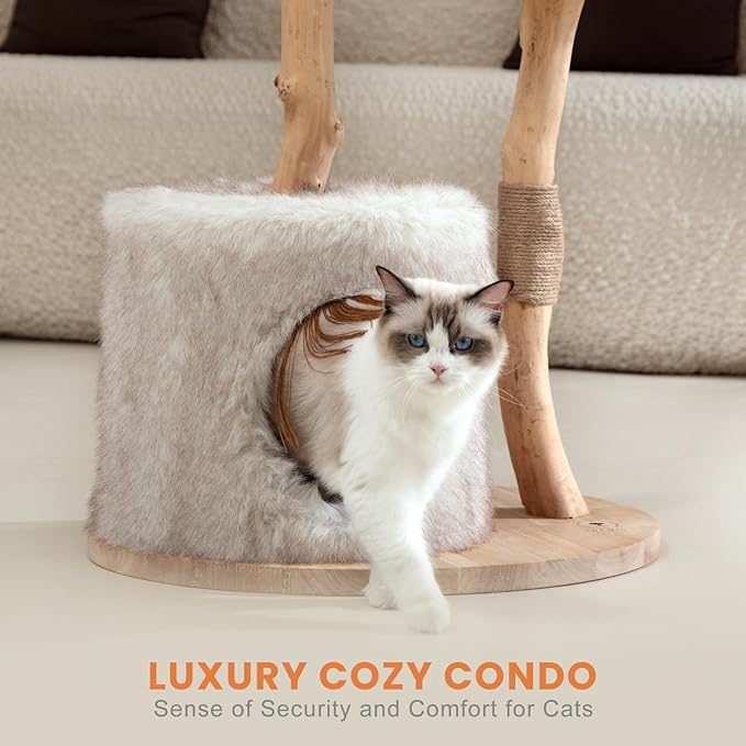 Cat Tree Tower with Two Real Branches, 44 INCH Wood Modern Cat Tower with Luxury Cat Condo, Cat Scratching Post, Jumping Platforms, Cat Furniture (Long Plush)
