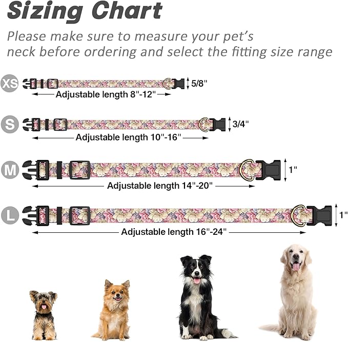 Reflective Dog Collar for Small Dogs, Cute Flower Theme Adjustable Heavy-Duty Nylon Puppy Collar for Boy and Girl Female, Soft Pet Accessories with Quick Release Buckle, Colorful Floral