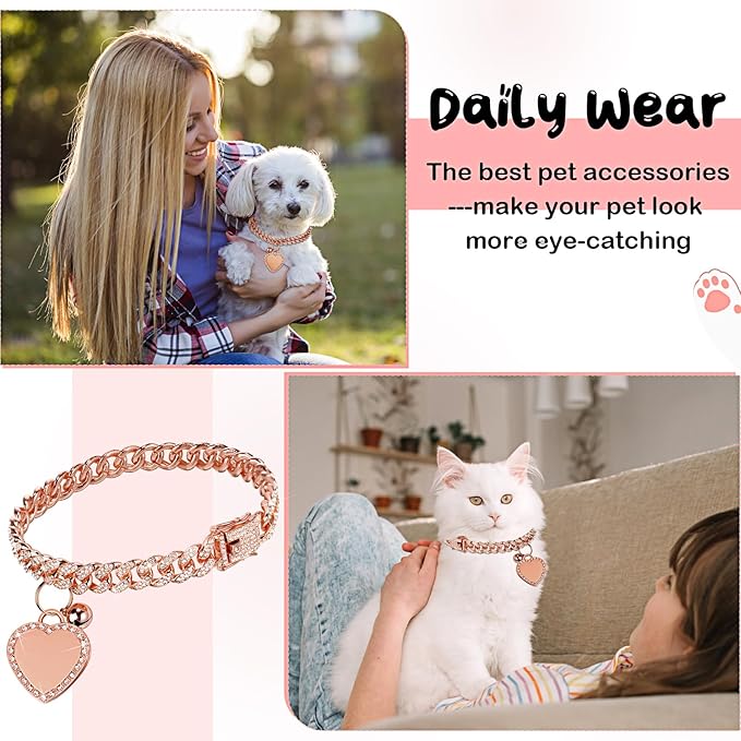 Hillban Dog Chain Gold-Plated Diamond Collar with Heart Rhinestones Jewelry Pet ID Tag Chain Bling Puppy Collar with Personalized Name Tag for Small Medium Large Dog Cat(Rose Gold,12 Inch)