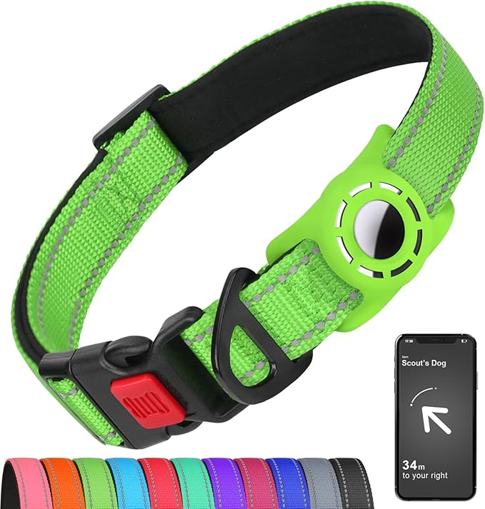 Airtag Dog Collar with AirTag Holder for Puppy Small Dogs, Reflective, Soft Padded & Safety Locking Buckle, Nylon Pet Collars Adjustable for All Breeds, Green,XS