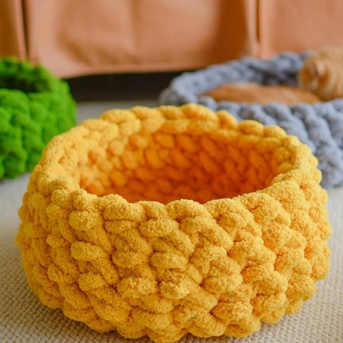 Cat Nest Bed - Premium Self Warming Handwoven Washable Extra Soft Round Cave House for Indoor Kitten & Kitty, Small & Large (Persimmon Yellow,Medium)