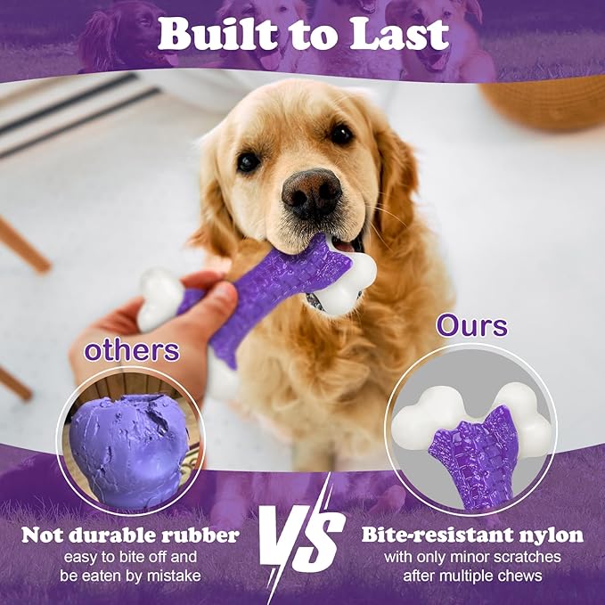 Tough Dog Chew Toys for Aggressive Chewers Large Medium Breed Bacon Flavor, Bone Toy Dog, Nylon Heavy Duty Extreme Indestructible Teething Training