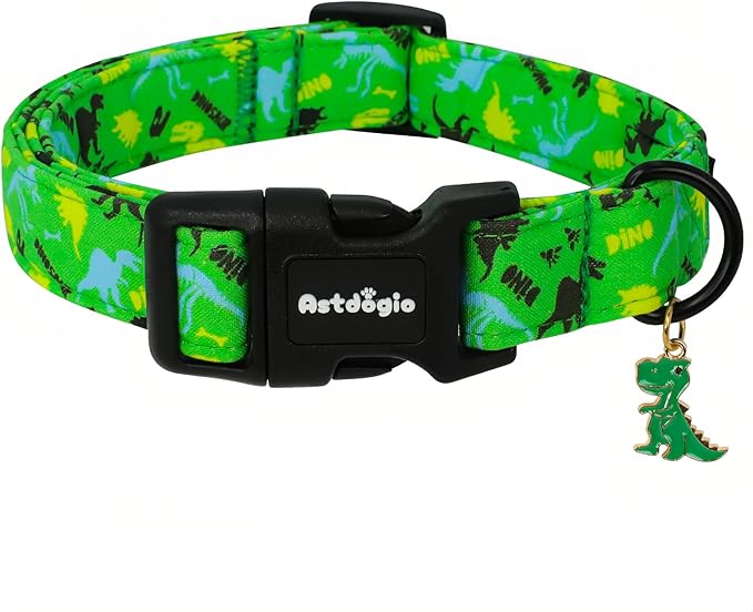 Dinosaur Dog Collar，Green with Multicolor Dino Pattern Handmade Cotton Collar for Small Medium Large Dogs, Adjustable & Comfortable Puppy Collar for Daily Walks, Park Adventures or Photos-XS