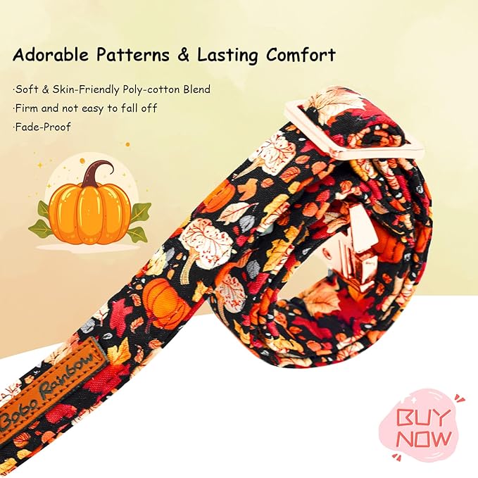 Fall Dog Collar, Leaf Pumpkin Print Adjustable Pet Collar Cute Cotton Soft Collars with Bow Tie Metal Buckle Holiday Puppy Collars Boy&Girl Gift for X-Small Dogs