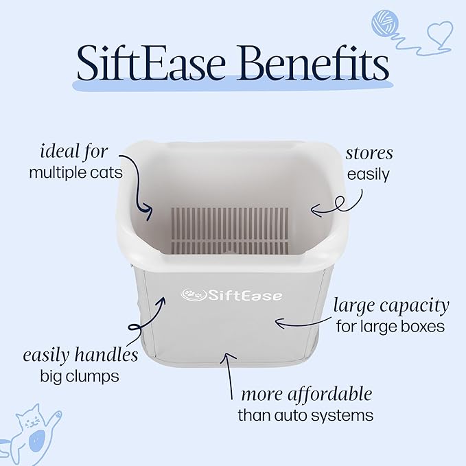 Cat Litter Sifter - SiftEase Litter Box Sifting, Fast Scoop Free Cleaning, Large Sift with Bin for Longer Lasting Litter, Easy Clean Sifting Litter Box Cleaner (Light Grey)