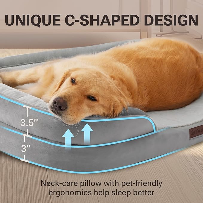Soft Touch Orthopedic XL Dog Bed for Large Dogs with Faux Fur Top, Waterproof Pet Couch Bed with Removable Washable Cover and Supportive Foam Filling (Grey, Extra Large)