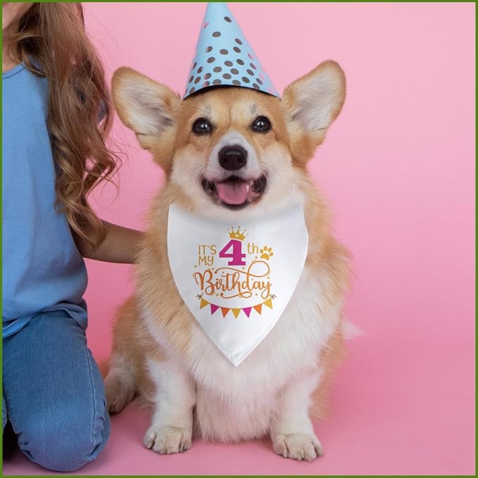 It's My 4th Birthday Dog Bandana Happy 4th Birthday Pet Triangle Scarf for Large Medium Small Dogs Four Years Old Gifts Photo Prop Pet Scarf Accessories Christmas Puppy Gifts