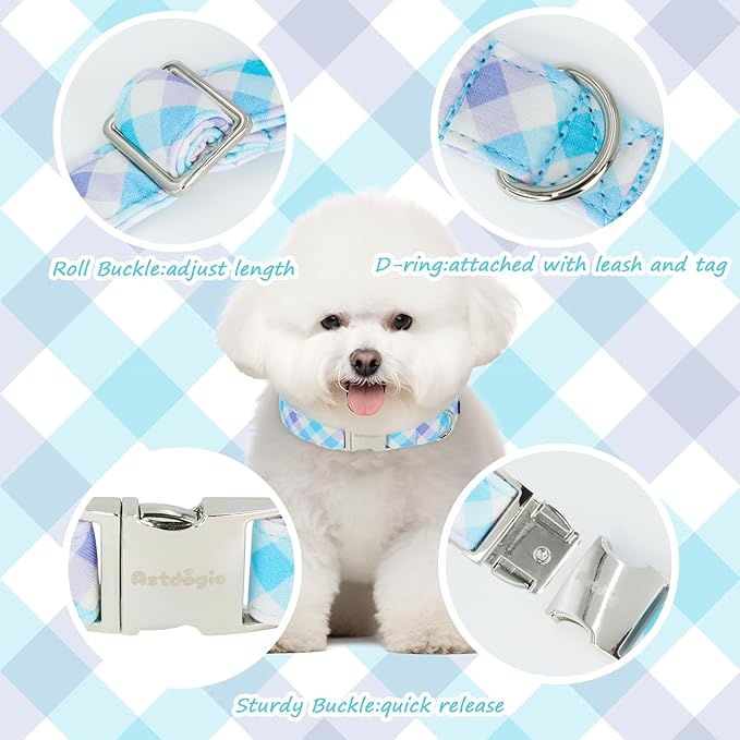 Cotton Collar for Dog，Soft Adjustable Dog Collars for Extral Small Dogs, Cute Dog Collar with Blue & White Plaid for Small Medium Large Dogs, Perfect for Girl or Boy Dog Collars-XS