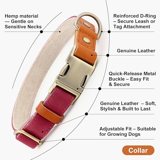 Plutus Pet Genuine Leather & Hemp Dog Collar – Adjustable Heavy Duty Pet Collar with Quick Release Metal Buckle, Soft & Stylish for Puppy and Small, Medium, Large Dogs (Burgundy, L)