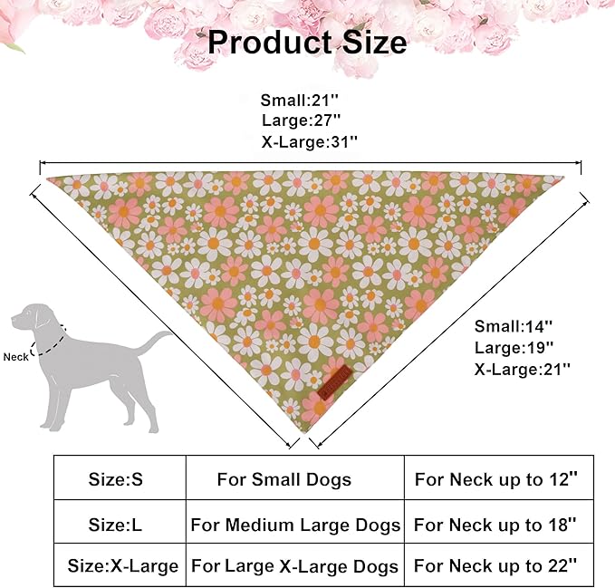 ADOGGYGO Floral Dog Bandanas 2 Pack, Daisy Flower Pet Scarf, Premium Fabric, Adjustable Fit Spring Summer Floral Bandanas for Extra Large Dogs (X-Large)