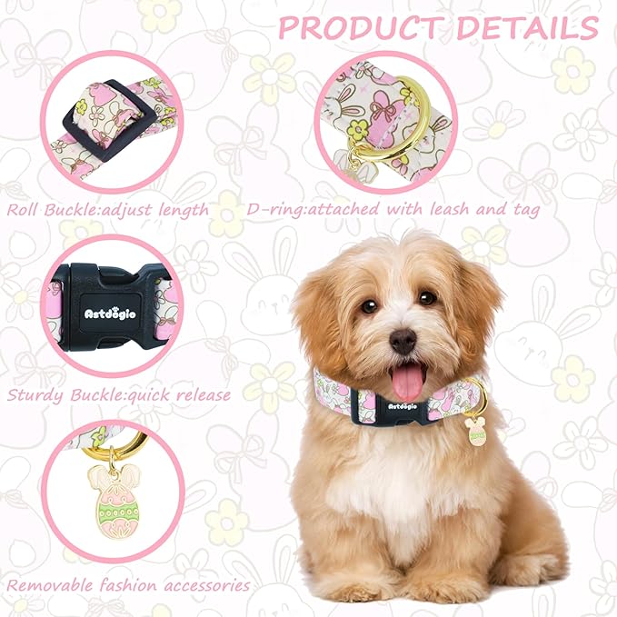 Easter Dog Collar, Spring Dog Collar with Cartoon Rabbit Pattern, Adjustable Cotton Puppy Collars Girl Boy Collar for Small Medium Large Dogs,S
