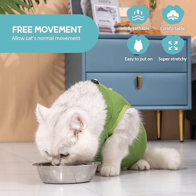 Avont Cat Recovery Suit - Kitten Onesie for Cats After Surgery, Cone of Shame Alternative Surgical Spay Suit for Female Cat, Post-Surgery or Skin Diseases Protection -Green(M)