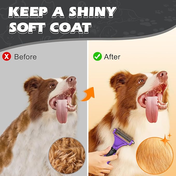 3PCS Pet Grooming Rake & Metal Comb & Flea Comb for Cats and Dogs, Double-Sided Dematting Tool, Extra-Wide Deshedding Dog Brush for Long Hair to Effectively Remove Tangles, Knots and Mats (Purple)