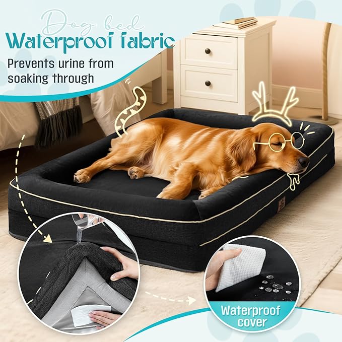 Waterproof Memory Foam Dog Beds for Extra Large Dogs Non-Slip Orthopedic Dog Beds Washable Couch Pet Bed with Removable Cover (Black, X-Large)