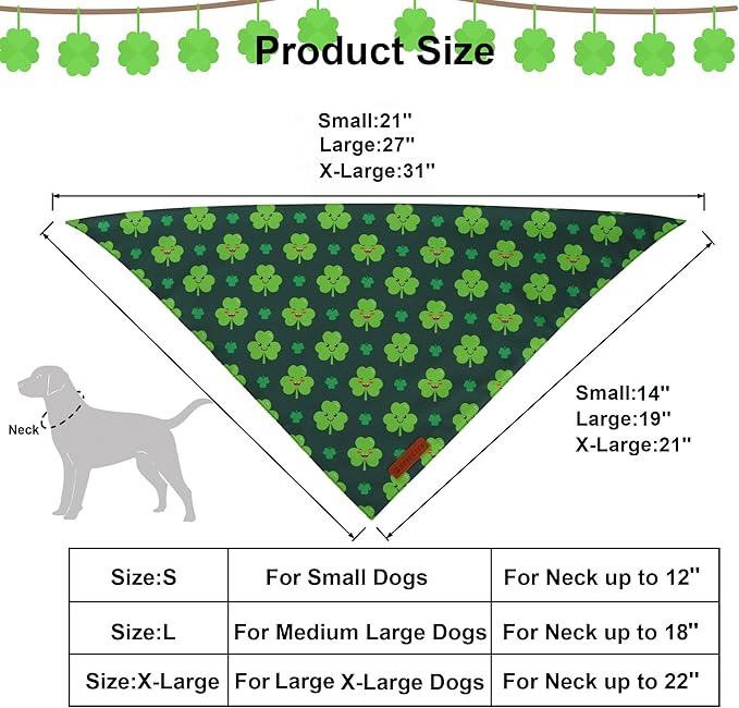 ADOGGYGO St Patrick Dog Bandana 2 Pack, Reversible Shamrock Pet Scarf Bib, Adjustable Fit Green St Patricks Day Bandanas for Medium Large Dogs (Large)
