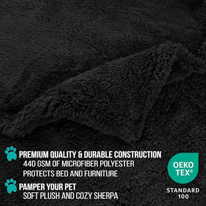 PetAmi Fluffy Waterproof Dog Blanket for Bed Large Dogs, Soft Warm Pet Sherpa Throw Pee Proof Couch Cover, Reversible Cat Blanket Sofa Crate Kennel Protector, Washable Mat (Black, 60x80)