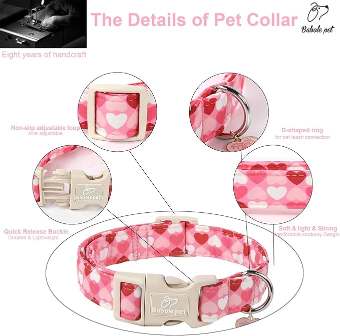 Valentines Dog Collar for Large Dogs - Cute Valentine Pink Hearts Girl Dog Collars, Adjustable Girly Puppy Collar with Quick Release Buckle for Female Dogs L