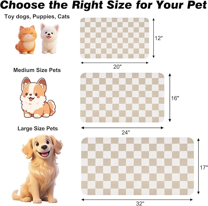 Checkered Dog Food Mat, Absorbent Leak-Proof Pet Feeding Mat, Quick Dry Cat Food Mat for Messy Drinkers 12" x 20" Khaki