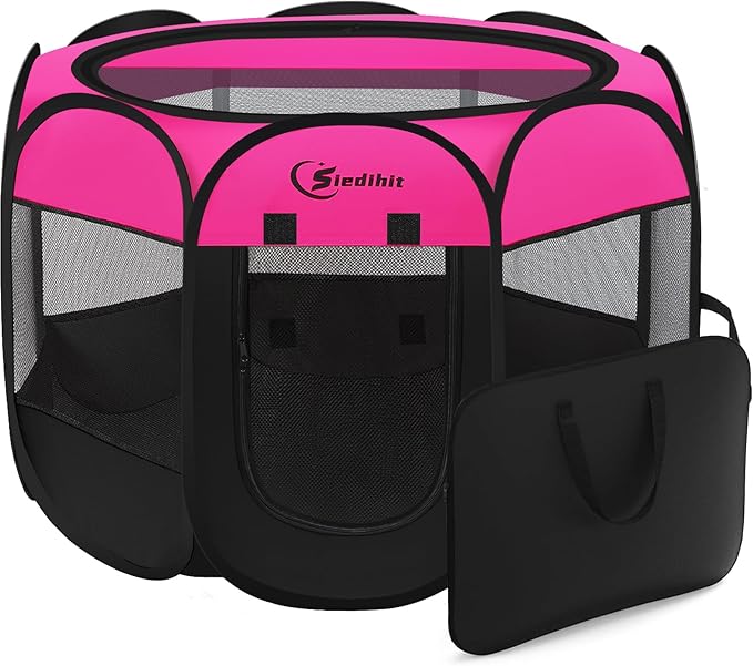 Dog Playpen, Medium Puppy Pet Playpen, Dog Crate Tent Cage Indoor/Outdoor, Portable Pop Up Dogs Kennel Playpen with Carrying Case for Dogs/Cats/Rabbits, Hot Pink