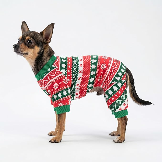 Fitwarm Dog Christmas Outfit, Holiday Pet Clothes for Small Dogs Boy Girl, Festive Pajamas with Feet, Puppy Onesie, Red, Green, Medium