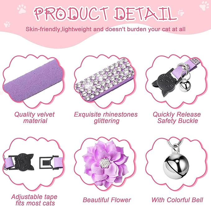 Cat Collars,Rhinestone for Girl Cats Bling Kitten Flower Adjustable Breakaway Collar with Bell Soft Velvet Leather Collar for Puppy Small Dogs (Blue)