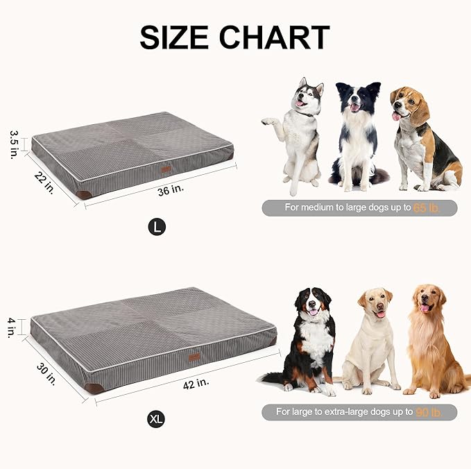 FUKUMARU Dog Bed, Thickened Corduroy Orthopedic Dog Beds with Washable Cover, XL Waterproof Dogs Bed for Crate, 28D Egg Crate Foam Support Pet Mat, Cozy Pet Bed Pad with Anti-Slip Bottom, Grey