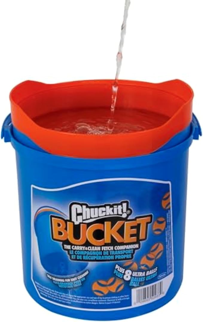 Chuckit! Ultra Ball Dog Toy with Chuckit! Cleaning Bucket, Bouncy Fetch Pet Toys For Dogs 20-60 lbs, Interactive Dog Toys, Durable Rubber, Size Medium, 2.5-inch Diameter, 8-Pack of Balls