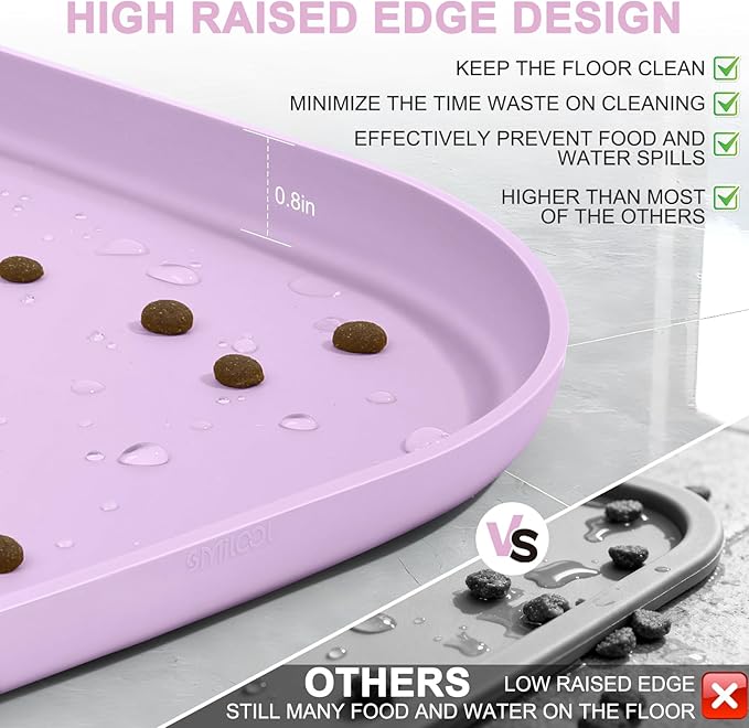 Silicone Pet Food Mat with Raised Edge for Food and Water Bowl, Dog Feeding Mats, Cat Food Trays for Floor Waterproof, Rubber Tray for Dogs and Cats, 24 x 16 x 0.8 Lavender