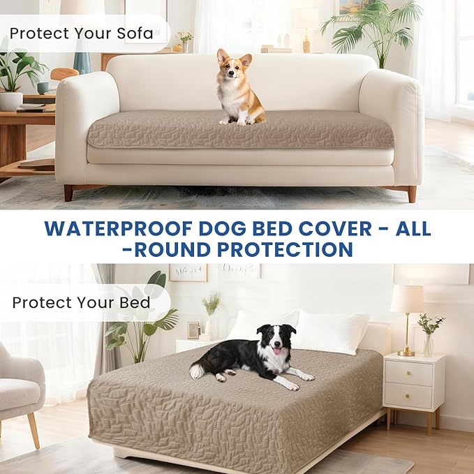 Waterproof Dog Bed Cover Pet Blanket, Soft Couch Cover for Dogs Washable, Non-Slip Dog Blanket Protect Furniture Couch Sofa Car for Puppy Large Dogs Cat (82x102 Inch, Khaki)