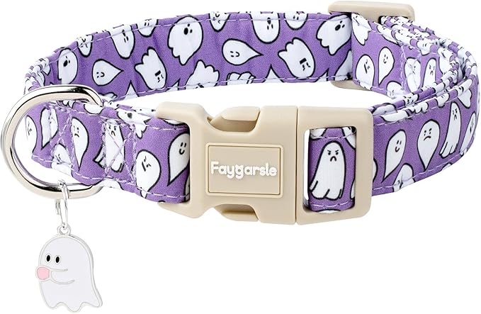 Faygarsle Halloween Dog Collar with Charm, Purple with Ghost Pattern, for Small Medium Large Dogs L