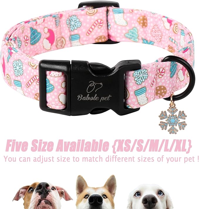 Christmas Dog Collar for Large Dogs - Cute Snowflake Print Pink Christmas Collars for Dogs, Soft Adjustable Winter Holiday Dog Collars with Quick Release Buckle L