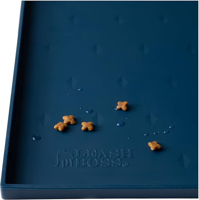 Leash Boss Dog Food Mat - Waterproof Cat & Dog Bowl Mat for Food and Water, Silicone Pet Feeding Mats for Floors, Non-Slip Placemat with High Edges, Puppy Essentials (XL: 25"x17", Navy)