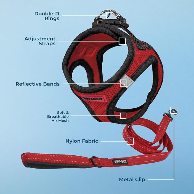 Best Pet Supplies Voyager Step-in Air All Weather Mesh Harness and Reflective Dog 5 ft Leash Combo with Neoprene Handle, for Small, Medium and Large Breed Puppies - Red/Black Trim, Medium