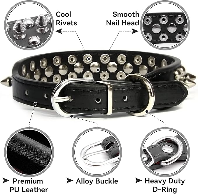 Spiked Dog Collar Soft Pu Leather Mushrooms Rivet Spike Studded Puppy Adjustable Pet Collars for Small Breeds (M, Red Set)