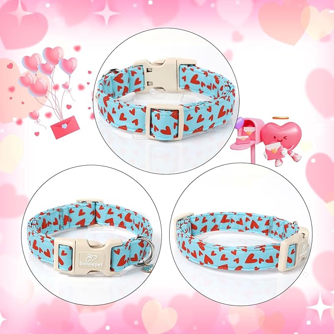 Valentines Dog Collar for Small Dogs - Cute Valentine Blue Dog Collars, Adjustable Puppy Red Hearts Collar with Quick Release Buckle for Girls&Boys Dogs XS