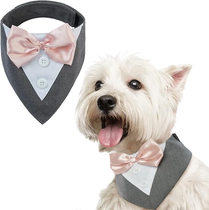 FUAMEY Dog Tuxedo for Small Dogs,Dog Formal Suit Dogs Attire Pet Bow Tie Puppy Party Costumes Cat Tux Outfits Pets Bandana Cosplay Adjustable Bowties Wedding Birthday Valentines Grey S