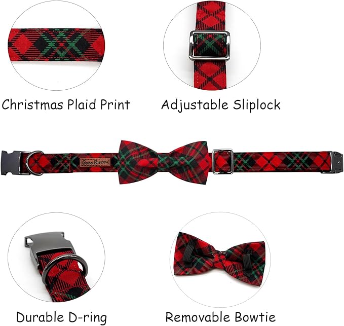 Dog Collar, Christmas Dog Collar Plaid Pet Collar Bow Holiday Bows Girl Boy Puppy Collar Adjustable Pet Collar for X-Large Dogs