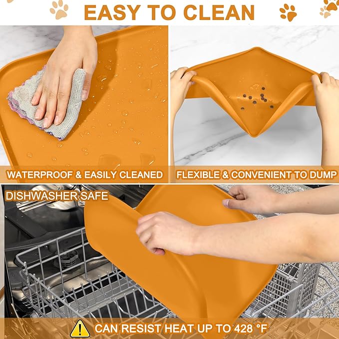 Silicone Pet Food Mat with Raised Edge for Food and Water Bowl, Dog Feeding Mats, Cat Food Trays for Floor Waterproof, Rubber Tray for Dogs and Cats, 22 x 14 x 0.8 Orange