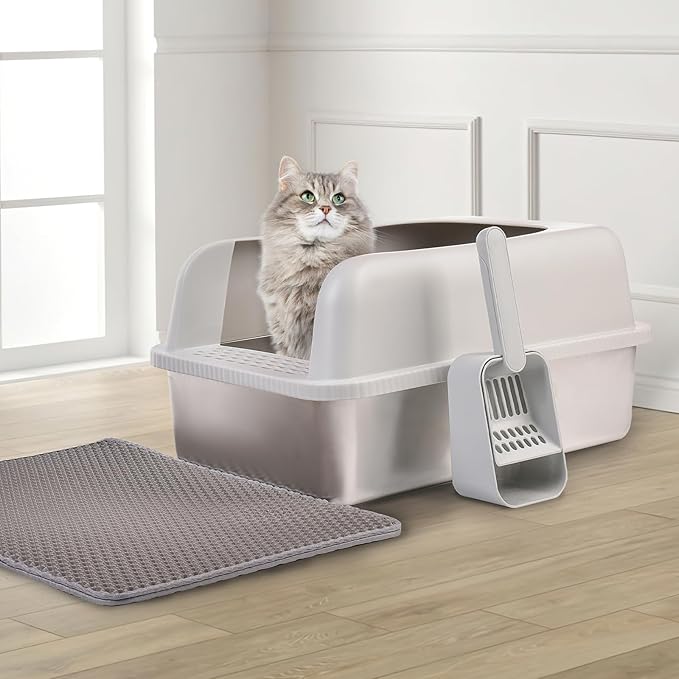Henkelion Stainless Steel Cat Litter Box with Lid, 20" L x 14.2" W x 11.8" H, Extra Large Litter Box for Big Cats with High Sided, Anti-Urine Leakage, Easy Cleaning, Include Cat Mat and Scoop