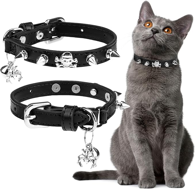 EXPAWLORER Leather Cat Collar for Girl Boy- Adjustable Pet Collar with Safety Elastic Belt,Personalized Punk Accessories Buckle Collars with Bell & Durable D-Ring,Rivet(Black)