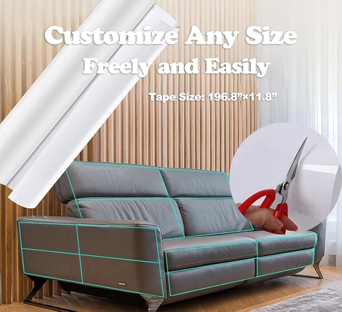 197"x12" Self-Adhesive Cat Scratch Protector Tape, Anti-Claw Couch Furniture Guard for Sofa Beds Doors Tables Walls, Clear Pet Scratch Deterrent