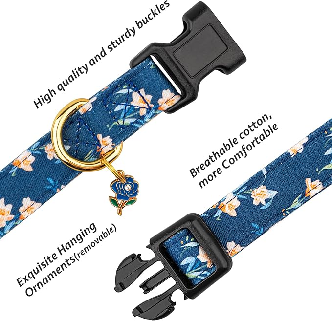 Cotton Handmade Dog Collar Cute and Distinctive Patterns Blue Tulip with Pendant for Girl Boy Dogs Collars L