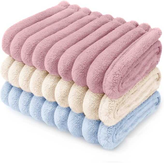 LINENLUX 1 Pack 3 Soft Dog Blanket Washable Warm Fleece Cat Blankets for Pet Puppy Fluffy Calming Flannel Pink/White/Blue Small