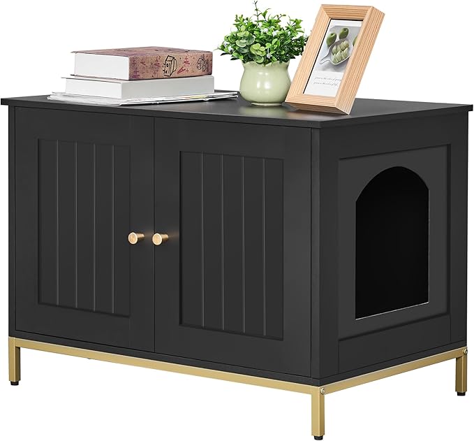 Homhedy Cat Litter Box Enclosure, Cat Washroom Furniture with Metal Frame, Pet House, Fit Most of Litter Box, Modern Style, Black and Gold