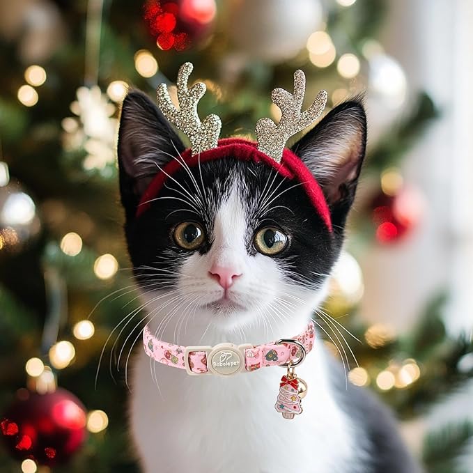 2 Pack Christmas Cat Collars - Breakaway Cat Collar with Bell, Pink and Green Christmas Tree Pendant, Winter Adjustable Kitten Collars for Girl Boy Cats, Cozy Christmas