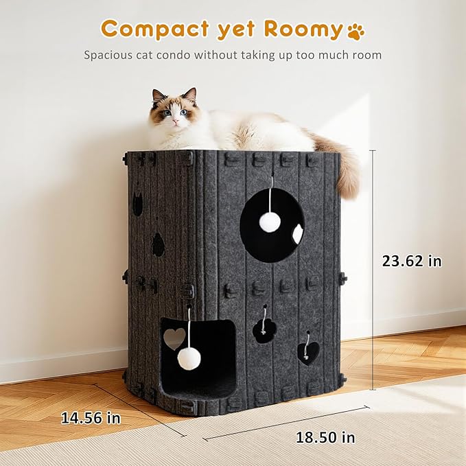 Cat House for Indoor Cats - 2-Story Enclosed Cat Bed Cave for Multiple & Large Cats, Felt Covered Pet Hideaway Tunnel Condo House, Kitty Hut Hideout Cube, Scratch Resistant, Gray