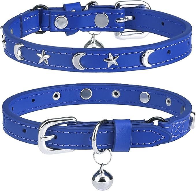 Leather Cat Collars for Boy Girl Cats with Bell and Safety Elastic Belt, Personalized Star and Moon Stud Adjustable Safe Buckle Collar for Kitty Small Big Cats Size 8-12 Inch, Blue