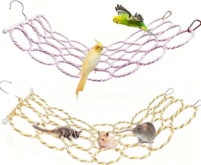 Bird Swing Climbing Rope Net Toys 14" x 24" Parakeet Hemp Rope Perch Swing Ladder Bridge Hanging Hammock Small Animal Activity Toy for Parrot Lovebirds Hamster Mice Rat Ferret (Random Color)(2 Pcs)